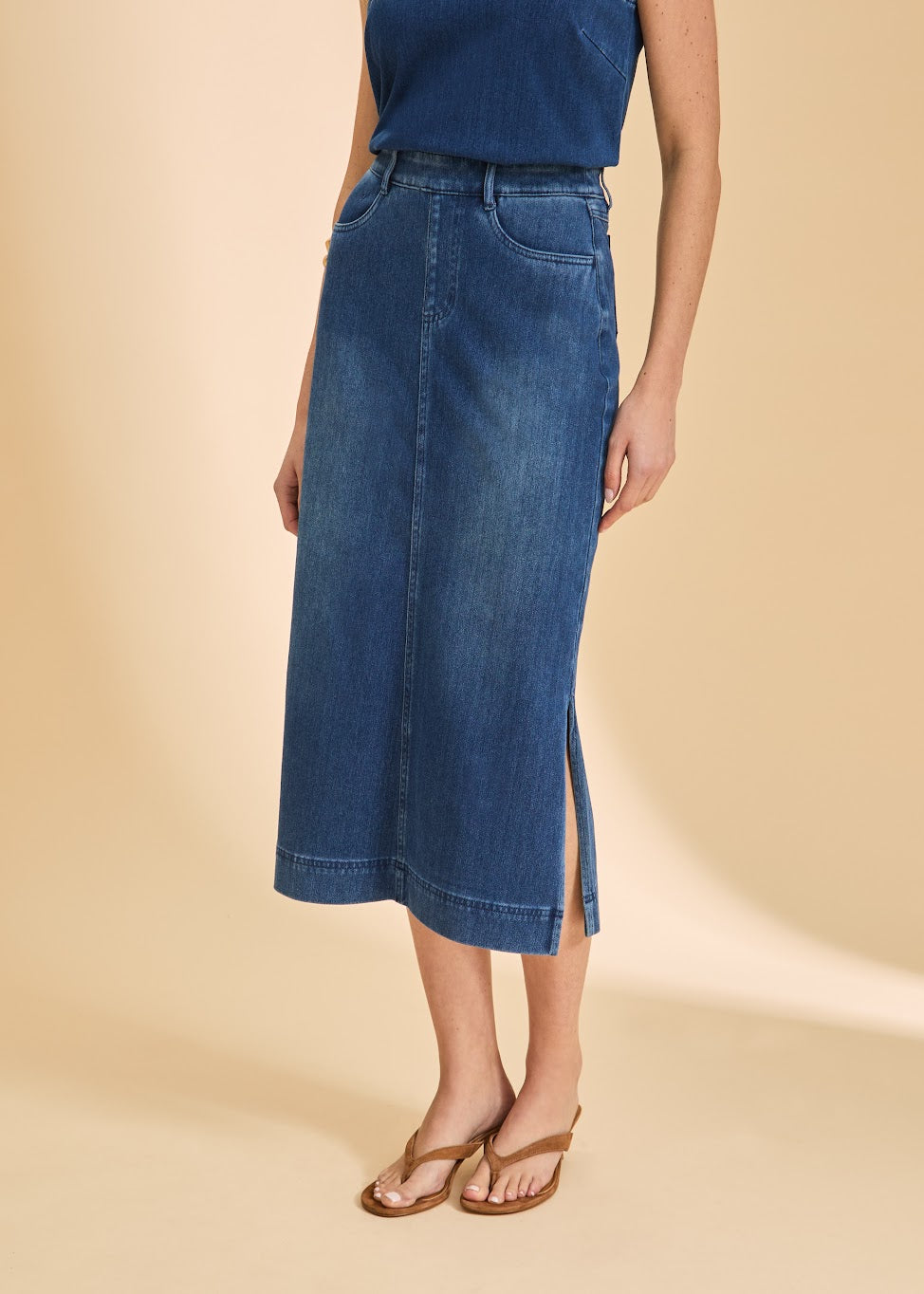 Pull On Denim Skirt With Side Slits