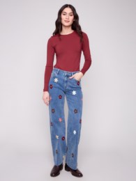 Wide Leg Stretch Jean With Flowers