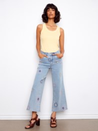 Wide Leg Stretch Denim PantsWith All Over Pixelated Flower