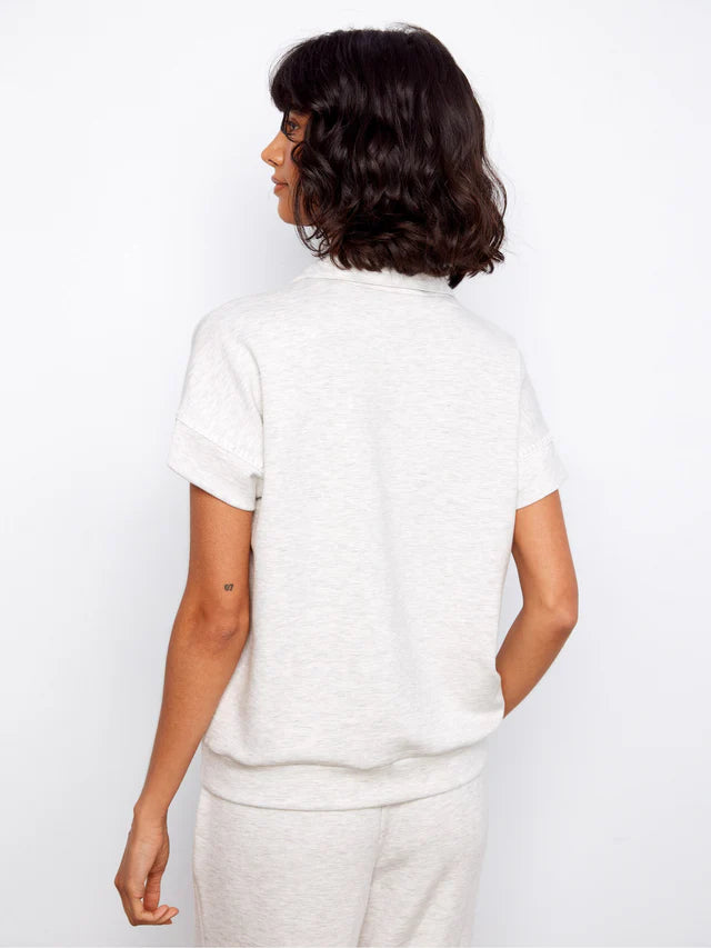 Short Sleeve Half-Zip Collar Top With Blanket Stitch