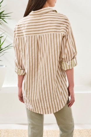 Poplin Double Stripe Roll-Up Sleeve Botton Front Shirt