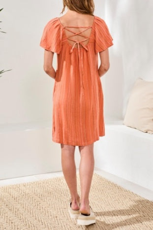 Flutter Sleeve Dress With Back Tie Up