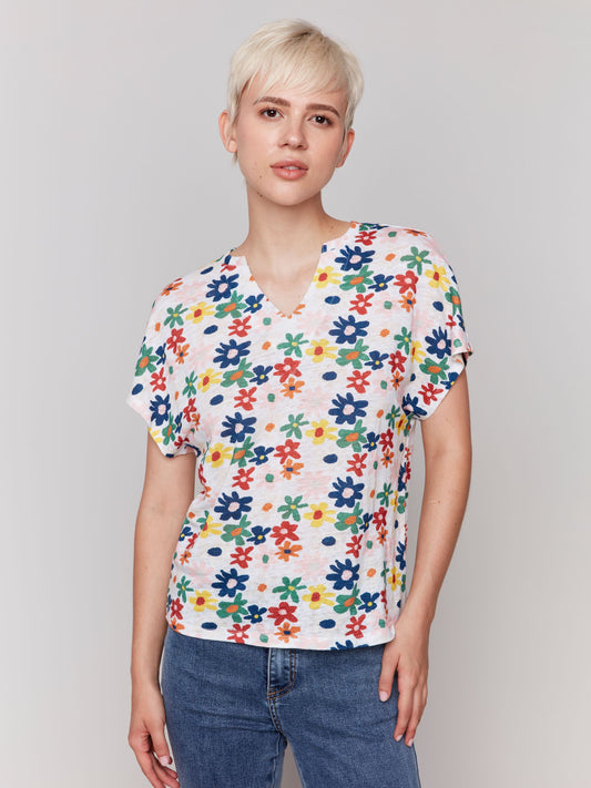 Printed Split Neck Dolman Sleeve