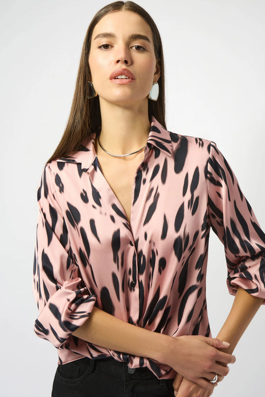 Recycled Satin Animal Print Draped Blouse