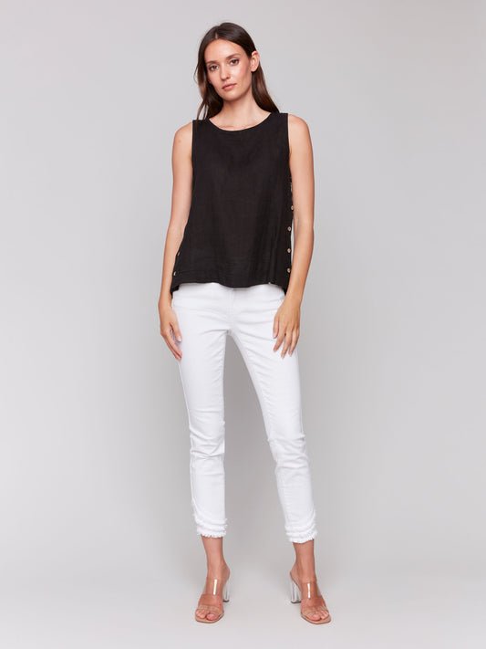 Solid Sleeveless Round Neck Linen Top
