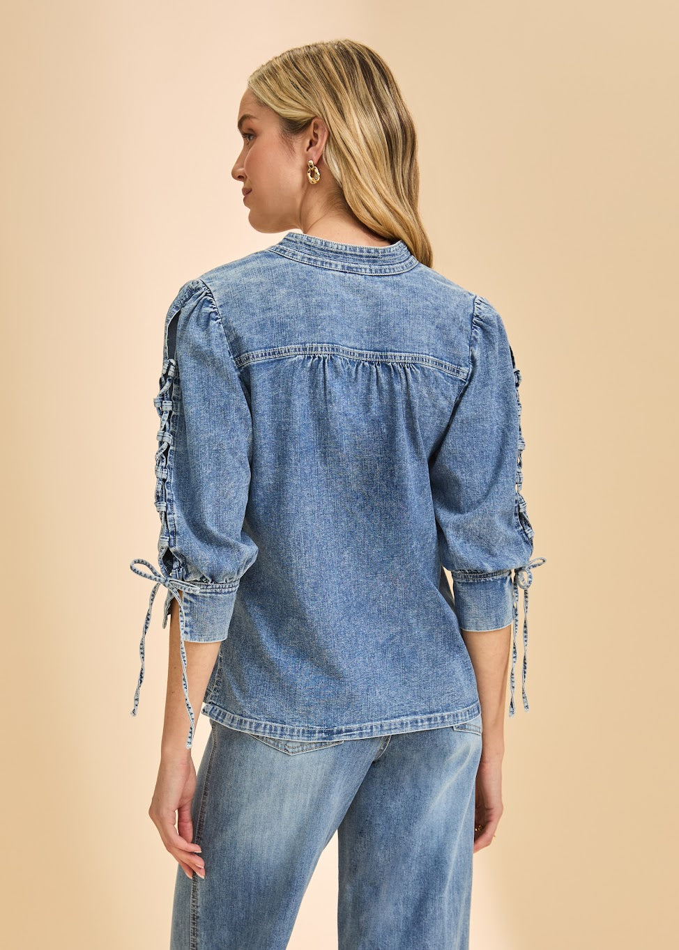 Lace Up Sleeve Chambray Shirt