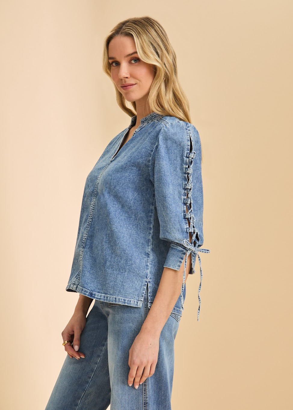 Lace Up Sleeve Chambray Shirt