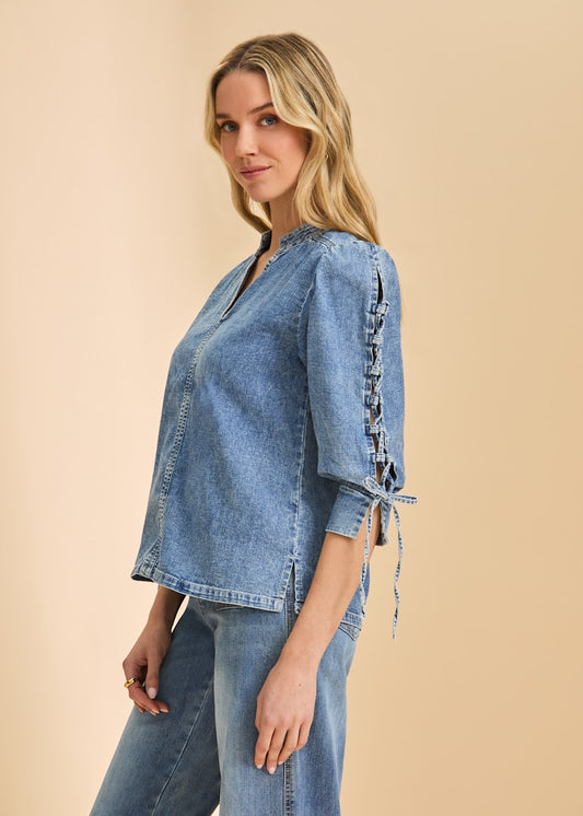 Lace Up Sleeve Chambray Shirt