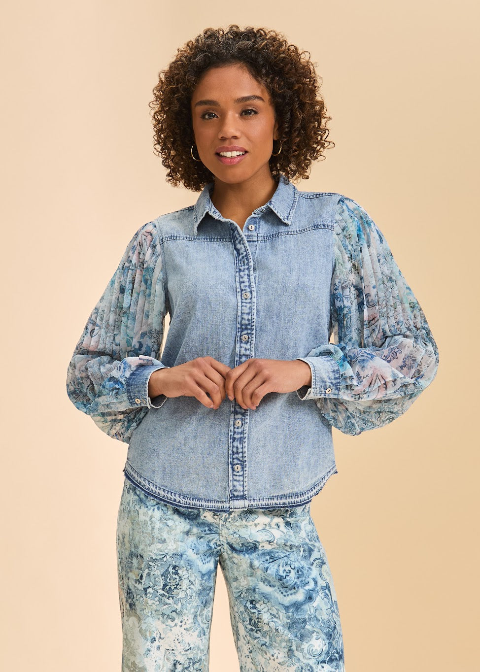 Pleated Sleeve Chambray Shirt