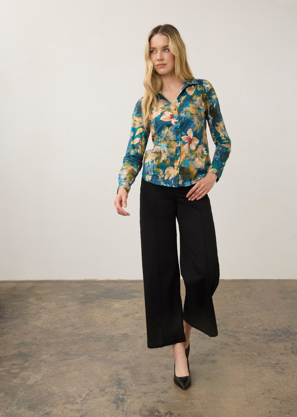 Long Sleeve Button Up Split Neck Shirt