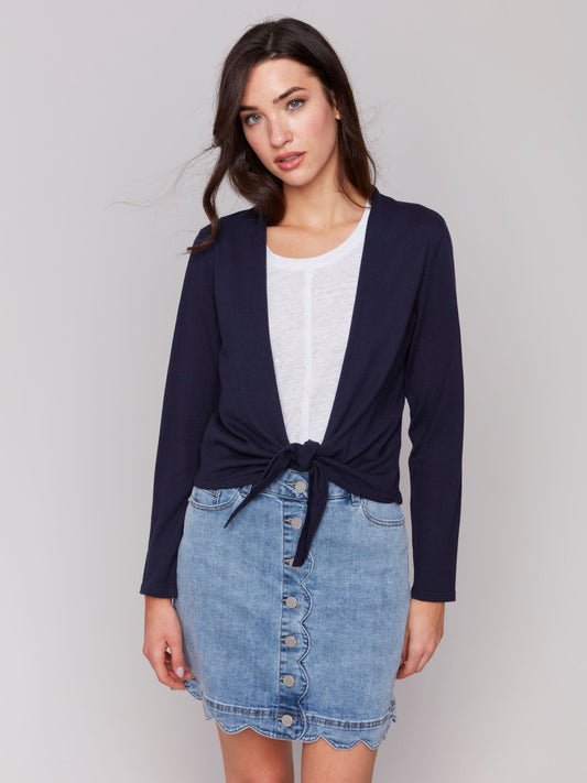 Cotton Jersey Bolero Cardigan With Front Tie And Long Sleeves