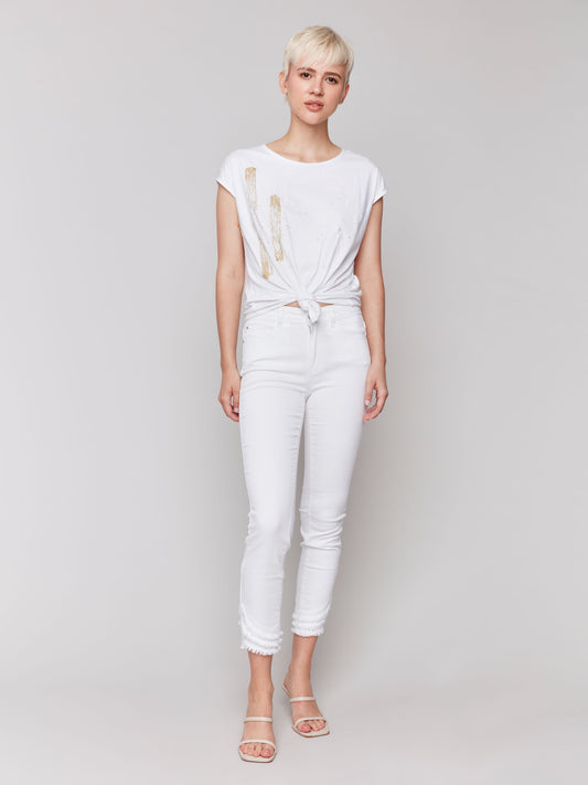Cap Sleeve Front Knot Tye Top With Metallic Print