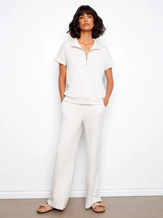 Short Sleeve Half-Zip Collar Top With Blanket Stitch