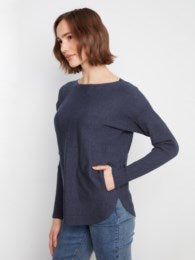 Long Sleeve Boat Neck Sweater With Pockets And Eyelets Detailing