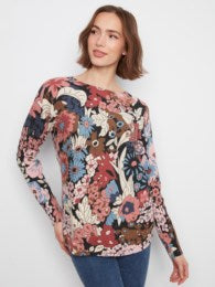 Long Sleeve Drop Shoulder Printed Boat Neck Sweater With Pockets
