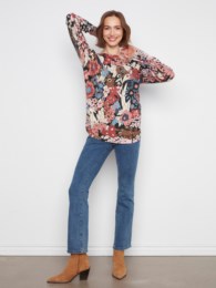 Long Sleeve Drop Shoulder Printed Boat Neck Sweater With Pockets