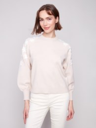 Crew Neck Raglan Puff Sleeve Sweater With Embroidery