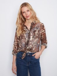 Long Sleeve Button Up Blouse With Front Tie
