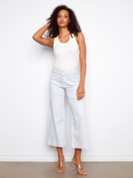 Yarn Dye Striped Twill Cropped Patch Pocket Flare Pant