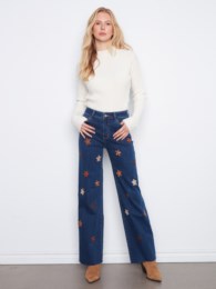 Wide Leg Stretch Denim Pants With Allover Suede Flower Patch