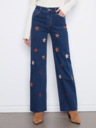 Wide Leg Stretch Denim Pants With Allover Suede Flower Patch