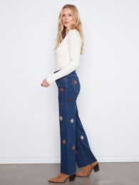 Wide Leg Stretch Denim Pants With Allover Suede Flower Patch