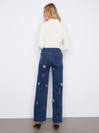 Wide Leg Stretch Denim Pants With Allover Suede Flower Patch