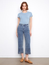 Scallop Eyelet Hem Wide LegStretch Denim Pant