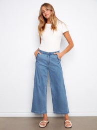 Wide Leg Stretch Denim Pants With Scalloped Edges Pockets