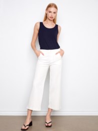 Wide Leg Stretch Denim Pants With Scalloped Edges Pockets