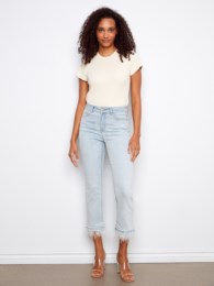 Stretch Denim Flare Pant With Removable Feather Trim Hem