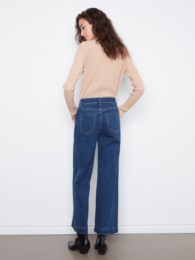 Wide Leg Stretch Denim Pants With Side Panel