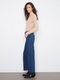 Wide Leg Stretch Denim Pants With Side Panel