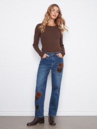 Straight Leg Jean With Corduroy And Leopard Heart Patches