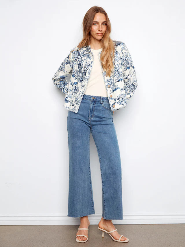 Printed Linen Jacket With Frayed Hem