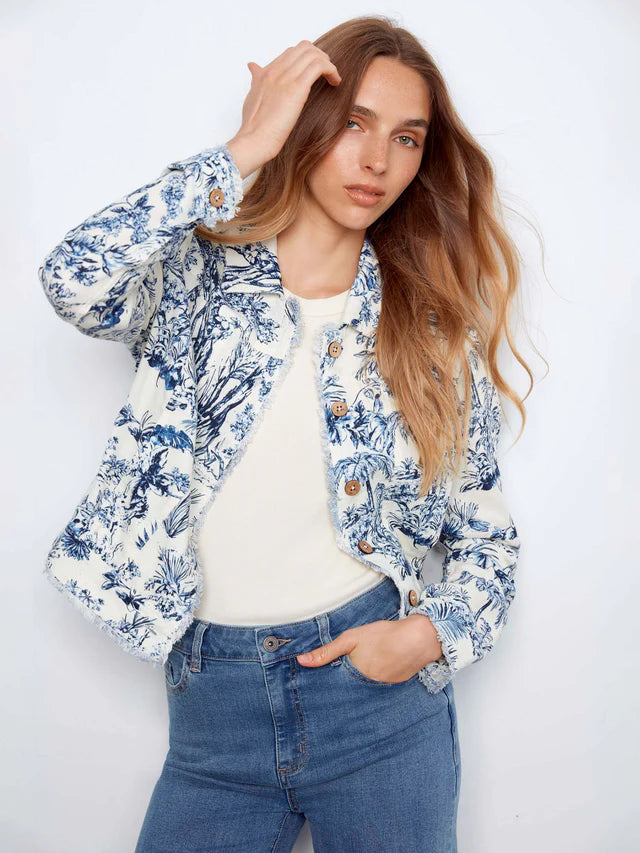 Printed Linen Jacket With Frayed Hem