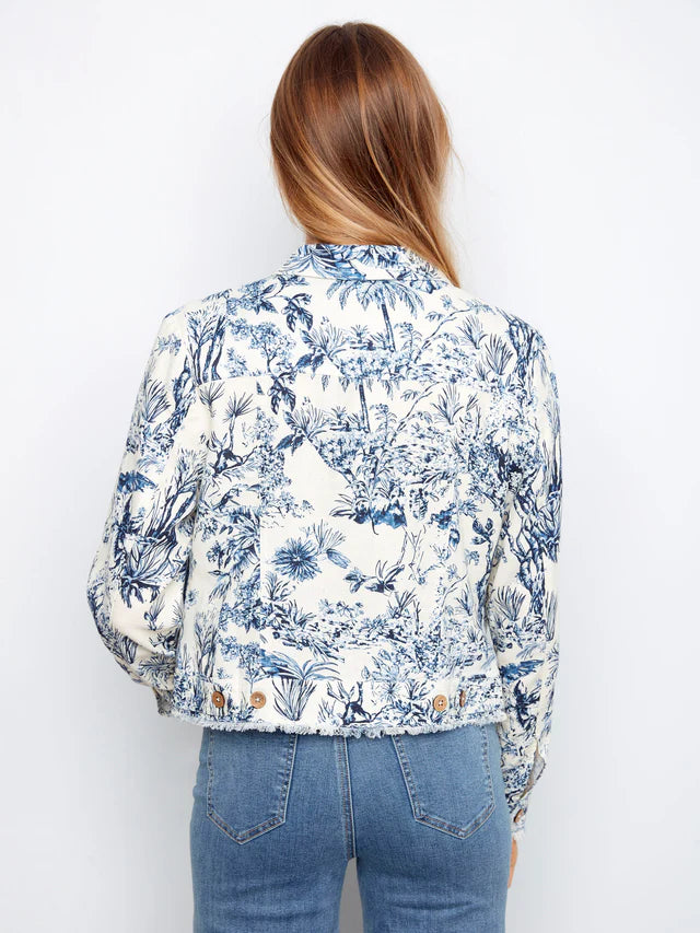 Printed Linen Jacket With Frayed Hem