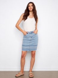 Stretch Denim Skort With Beaded Embroidered Hem