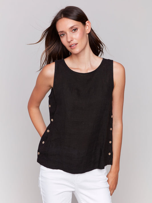 Solid Sleeveless Round Neck Linen Top