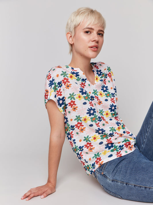 Printed Split Neck Dolman Sleeve