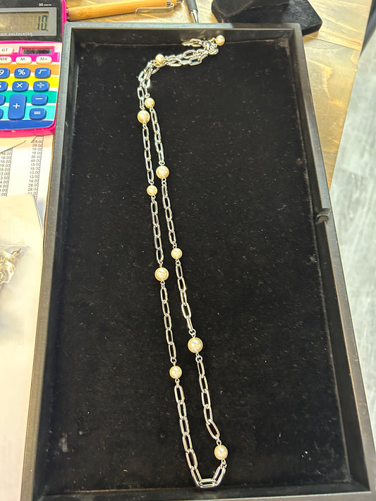 Long Silver and Cream Pearl Necklace