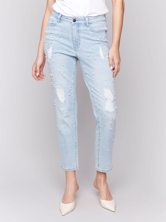 Pearl Applicated Slim Leg 5 Pocket Jean