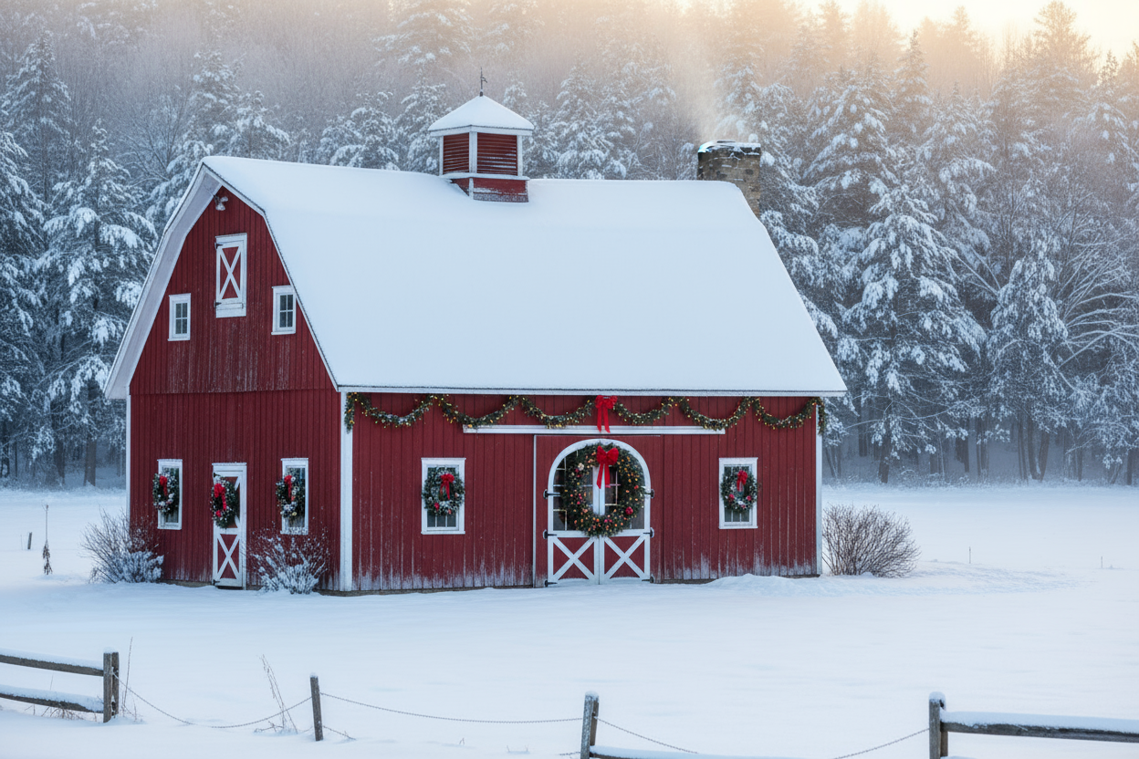 a red barn christmas scene with snow
