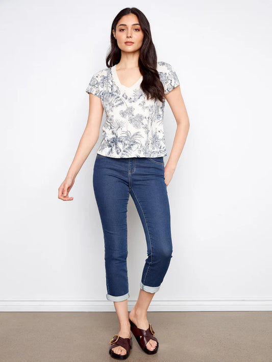Printed Organic CottonDrop Shoulder V-Neck-T