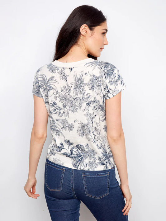 Printed Organic CottonDrop Shoulder V-Neck-T