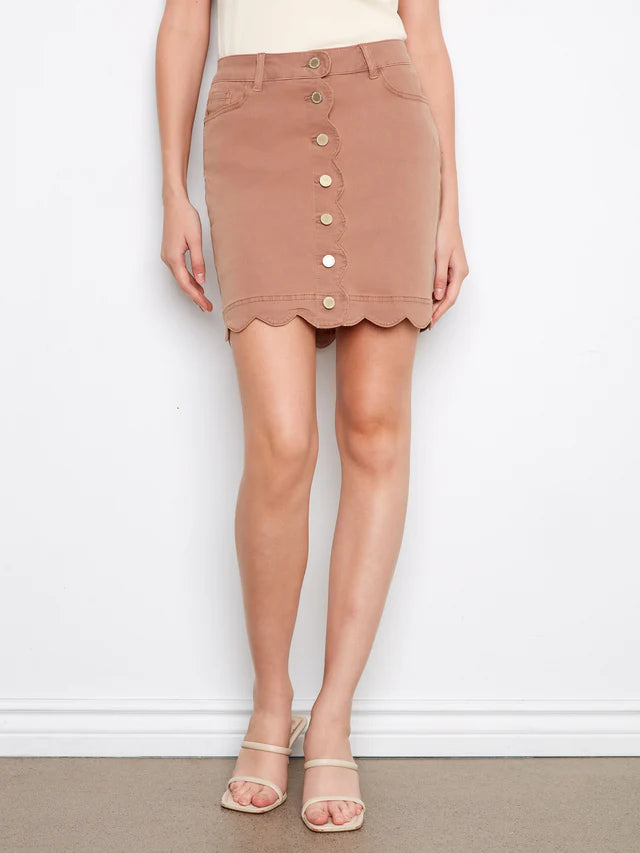 Scalloped Hem Button Front Coloured Twill Skort