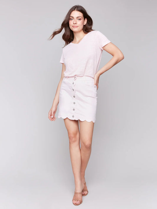 Scalloped Hem Button Front Denim Skort