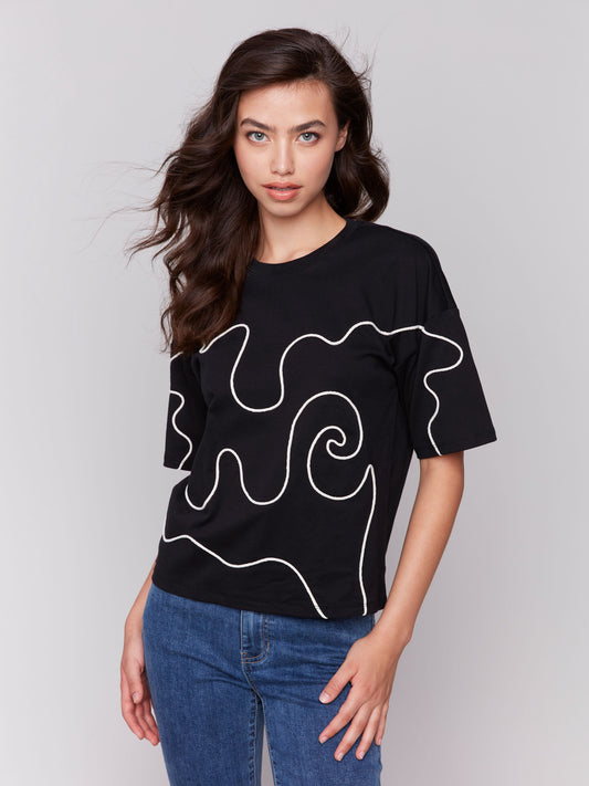 Short Sleeve Crew Neck Tee With Soutache Detail