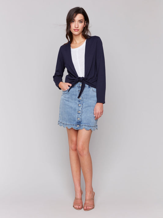 Cotton Jersey Bolero Cardigan With Front Tie And Long Sleeves