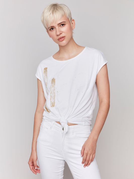 Cap Sleeve Front Knot Tye Top With Metallic Print
